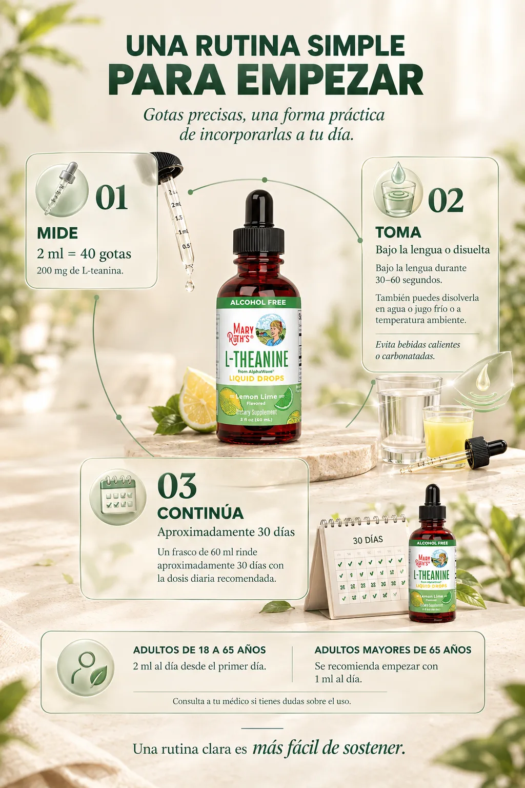 Una rutina simple para empezar: mide 2 ml (40 gotas), tómala bajo la lengua y continúa aproximadamente 30 días.